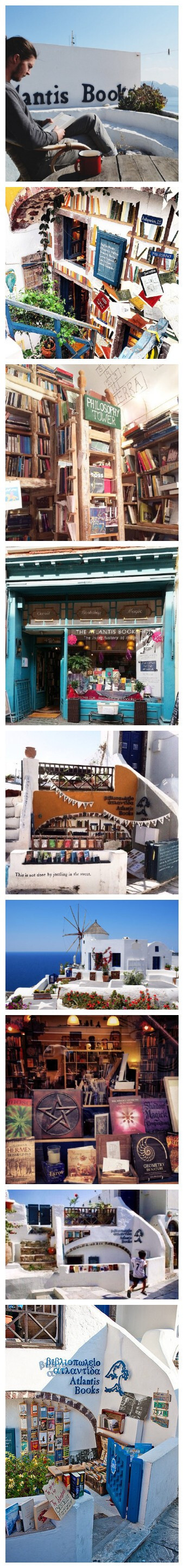 希腊圣托里尼岛上有这么一家书店，好想在这里发呆晒太阳！