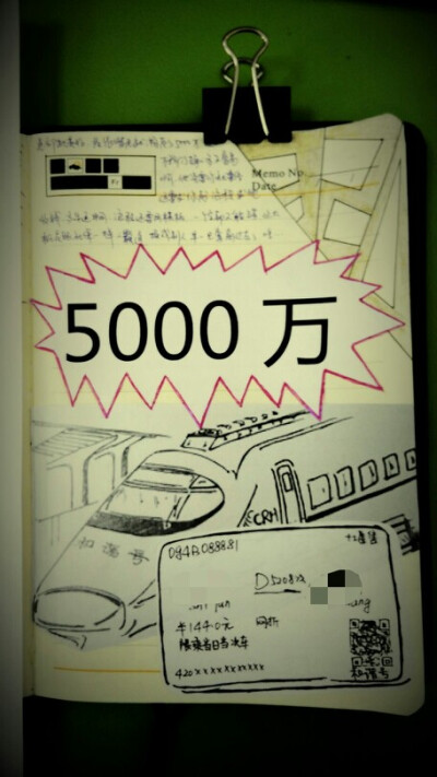 2015.03.20谁能给我5000万！ 火车头图片是打印出来贴上去的，火车票是自己简单画的