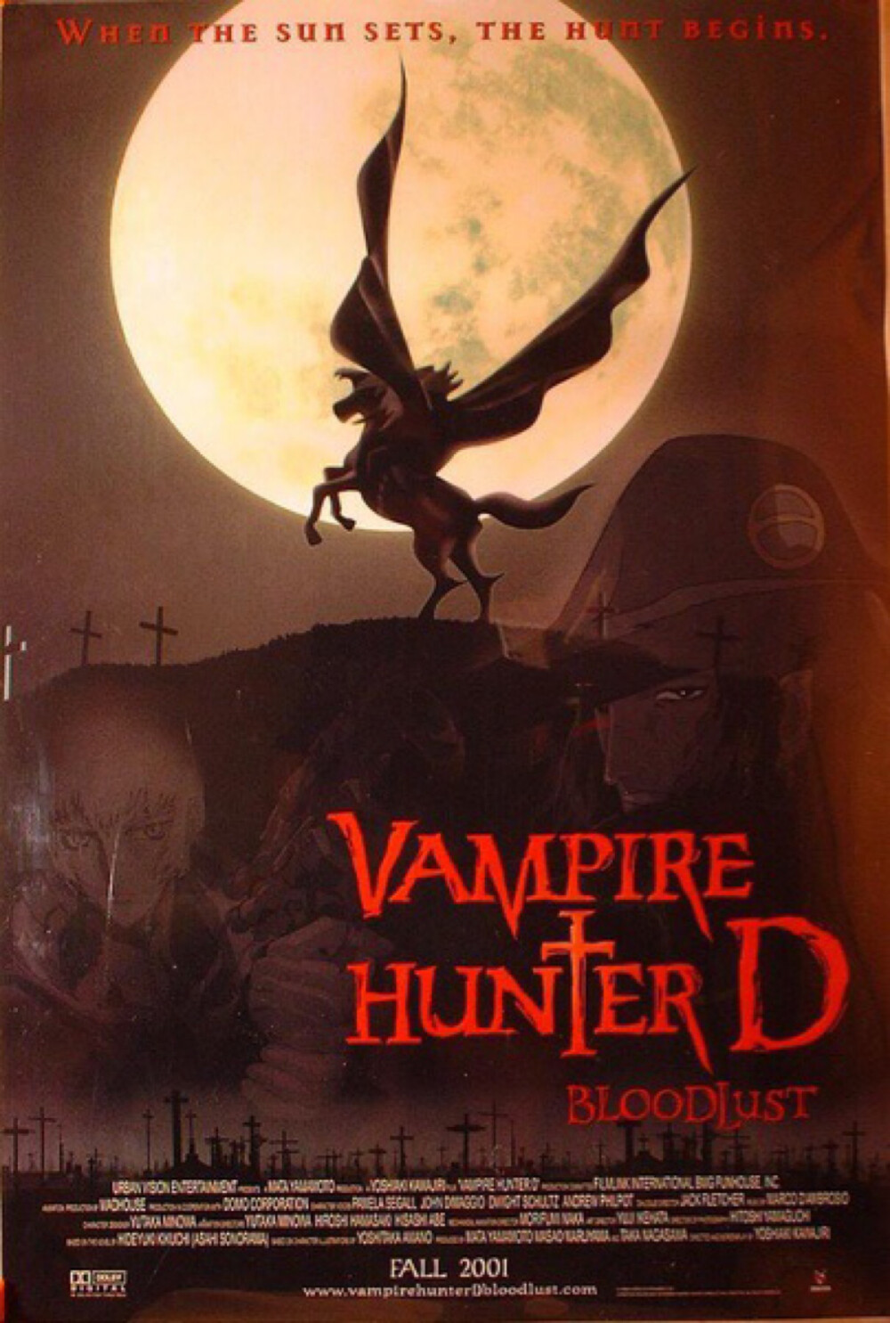 『2001年4月电影版』【中文名】：吸血鬼猎人D 【外文名】：Vampire Hunter D: Bloodlust（美国版） 【其它译名】：バンパイアハンター・ディー 【类型】：惊悚 【片长】：103 分钟 【上映时间】：2001年4月17日（日本）【豆瓣评分】：8.7｛二次元 电影 动漫推荐 ｝