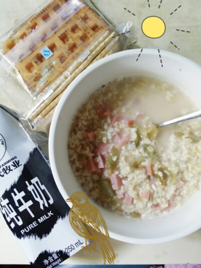 燕麦粥（里面有榨菜还有火腿丁）＋纯牛奶＋苏打饼＋华夫饼~