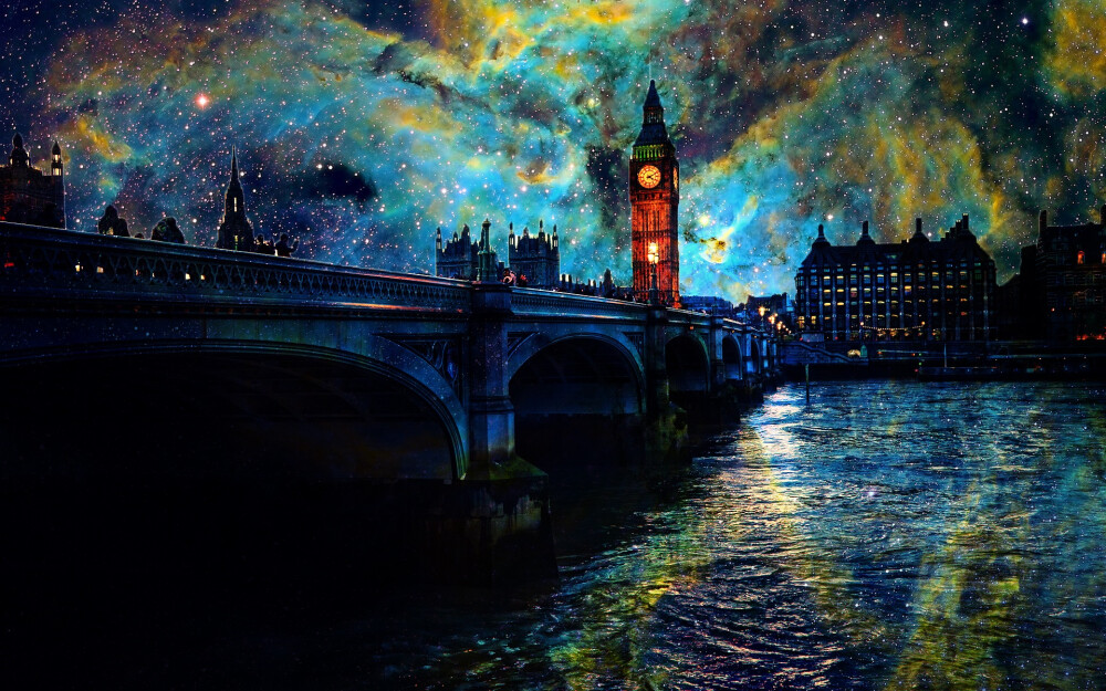 Beautiful art pictures stars night London bridge river lights