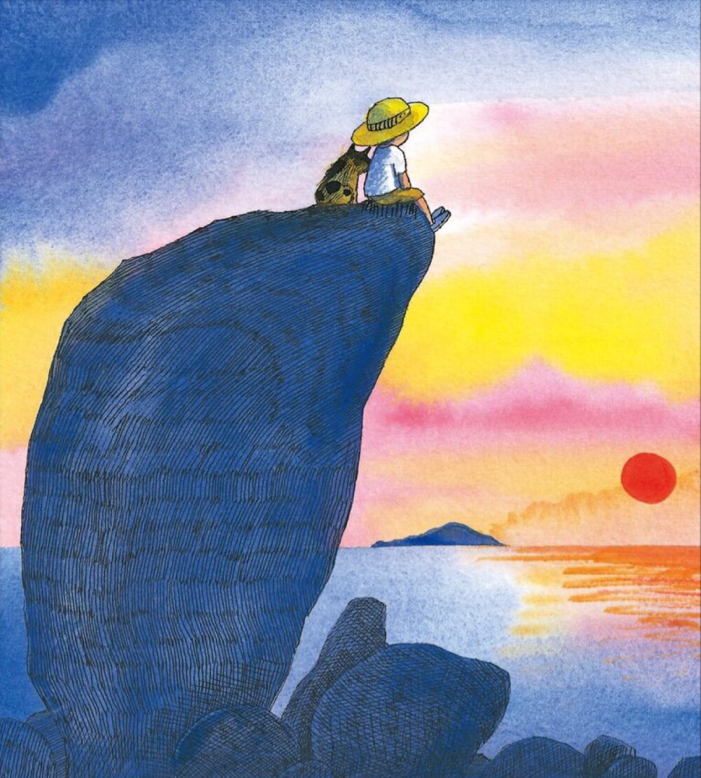 手绘海岸巨型岩石上看日落的小男孩和小狗