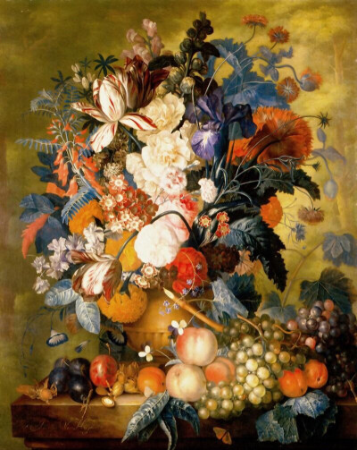 静物油画—堆在一起的水果和艳丽的插花