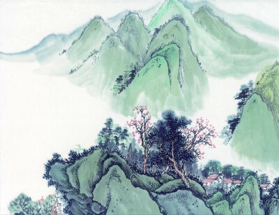 连绵的群山和岩石上的古树人家水墨画
