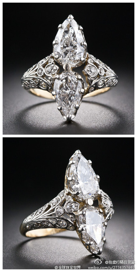 维多利亚时代的钻戒，奢华梨形钻石映衬出对称的美感~ ..