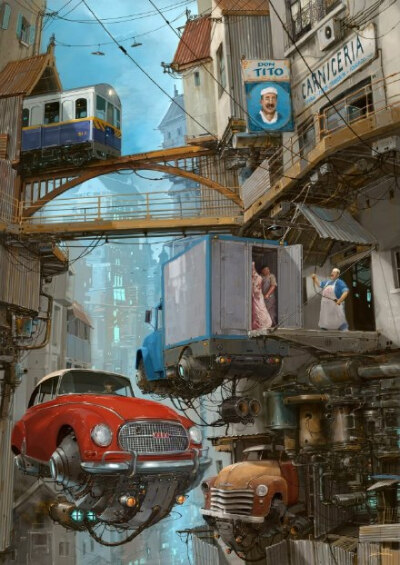 将日常的街道人流置于未来悬浮场景之中。 | 阿根廷插画家Alejandro Burdisio