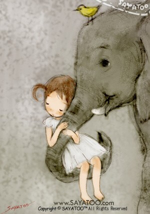 插画 女孩 大象 治愈系