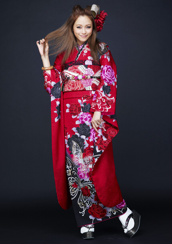 红色、蝴蝶、振袖、和服