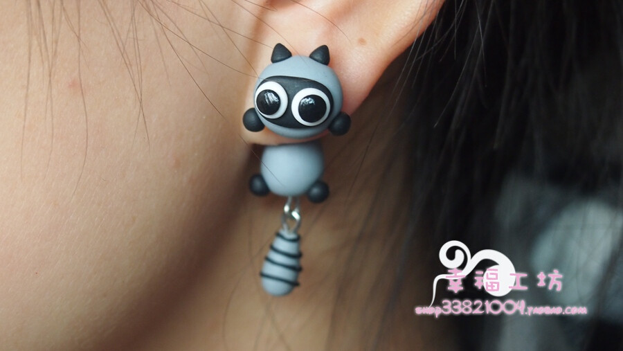 手作小浣熊软陶耳钉