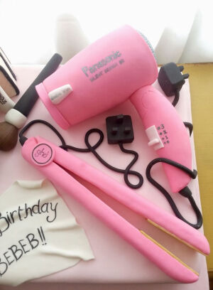 Blow dryer, flat iron cake