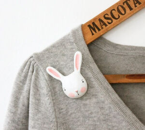 Bunny brooch - Paper clay animal pin by sweetbestiary