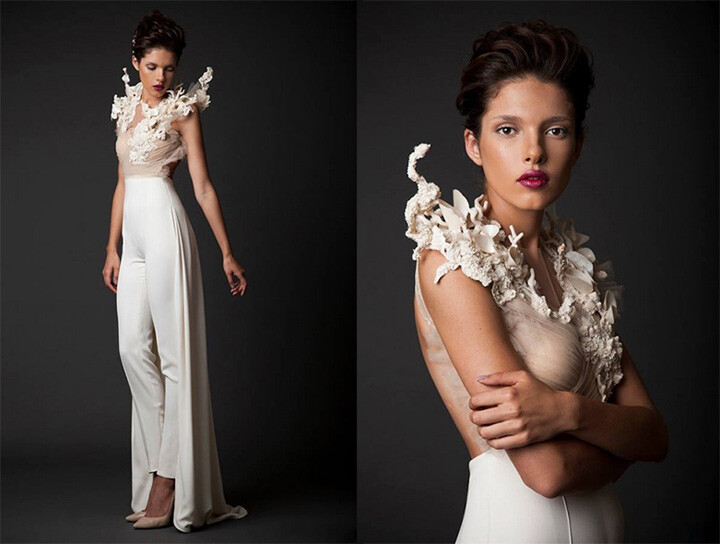 知名婚纱品牌 Krikor Jabotian 释出2015秋冬婚纱系列，设计师将这些耗时几百个工时手工造成的婚纱或礼裙划分为高级定制，结合现代3D立体打印和古典蕾丝刺绣，看上去既前卫又奢华。创作中除了自身钟情的女王般霸气璀璨，也集合了老东家仙女般唯美优雅，自然界生物衍生而来的立体装饰更是美不胜收！