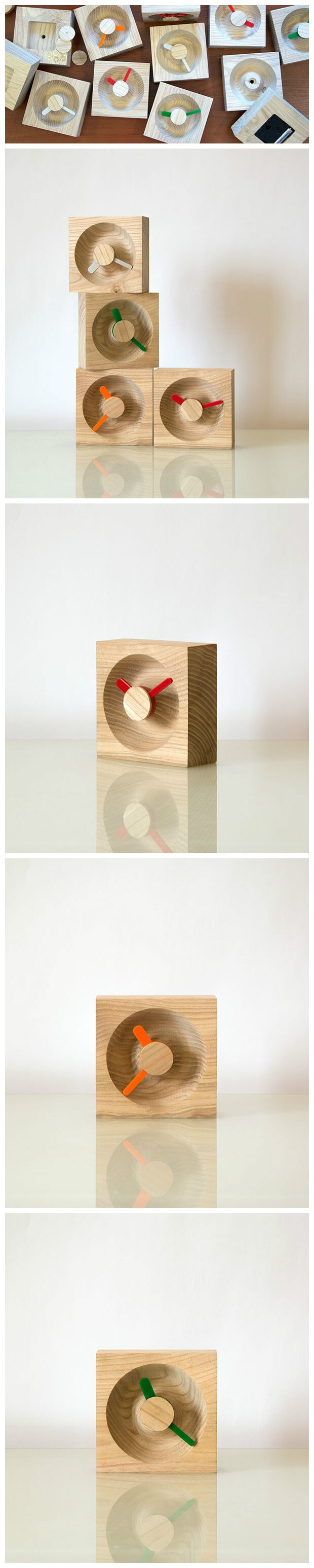 设计师 Sergey Grozhyn 设计的Clock 的原料很简单，就是一块美国白蜡木，然后在上面打上一层蜡。搭上美国发条 Quartex 和各种颜色的指针，一款精致的时钟就诞生了。