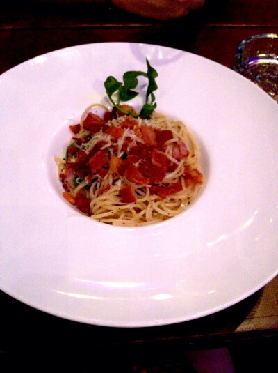 bacon cheese frided with oil olive angel spegetti.Bangkok