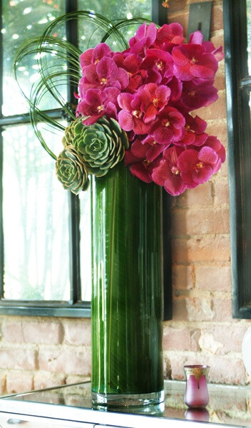 Dutch Vanda orchids, echeveria cactus, in a tall cylinder glass vase lined with banana leaves and decorative vines.