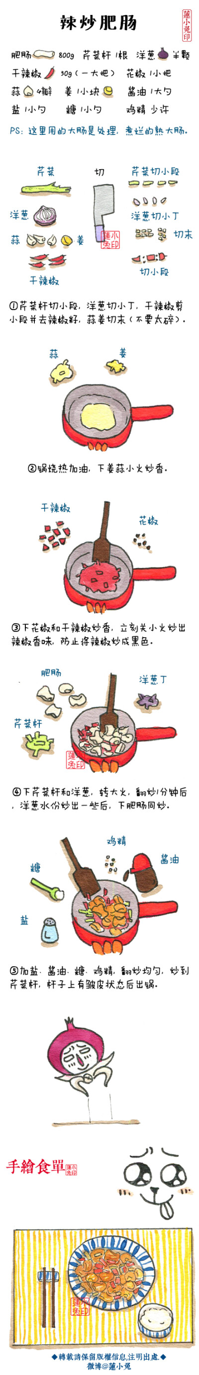 【辣炒肥肠】图里忘记写：买生肥肠的拿高压锅加点香叶大料压8分钟左右，电高压锅要20分钟。也可以买街上的卤大肠来炒，就是调味的时候酱油盐都减少放。