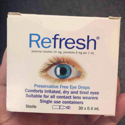Refresh抗疲劳眼药水，我没断过货，包里一直装两三支。之前做近视手术，医生推荐的。国内好贵，去澳洲玩过一圈才知道，原来便宜这么多。重点是它没有防腐剂！每一只都分开的独立包装，一共30支，干净卫生不会浪费。…
