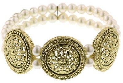 1928 Jewelry 1960s Belle de Jour Pearl Medallion Stretch Bracelet