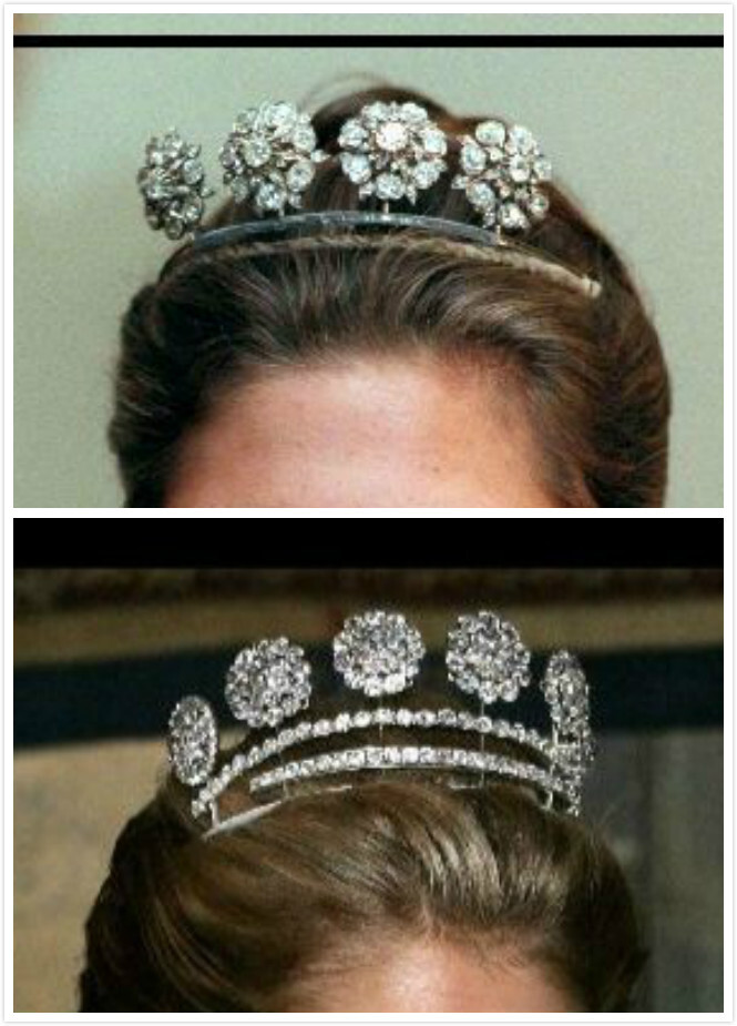 THE DIAMOND BUTTON TIARA 钻石纽王冠 皇室有十个钻石打造的纽扣状装饰物，较早前被作为头饰使用， 属于国王查尓斯十四世，为瑞典皇室所有。在古斯塔夫六世时代，将这十个钻石钮扣制作了两顶王冠， 一个使用了四个纽，一个使用了六个纽