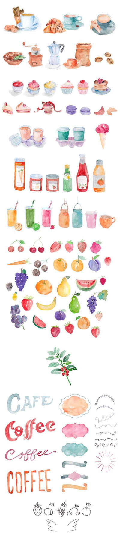 美味的水彩画剪贴画！ 包括一堆水彩画甜点和食物。