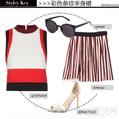  ①TOPSHOP 彩色条纹crop top ￥598 ②H&amp;amp;M 黑色墨镜 ￥69.9 ③Mango 红黑条纹百褶裙 ￥179 ④River Island 白色蛇纹细跟高跟鞋 ￥567