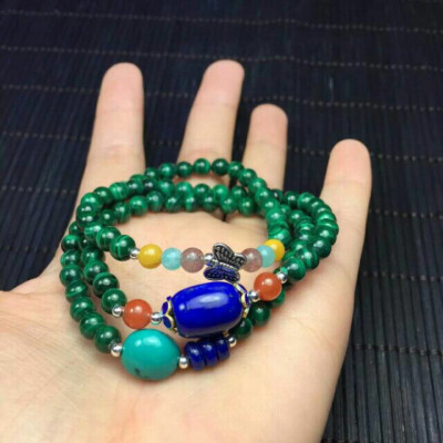 玉朔阁：天然孔雀石5.5mm三圈手链 搭配天然青金石桶珠 尺寸10x13mm 微沁蓝松 南红 蜜蜡 天河石 草莓晶