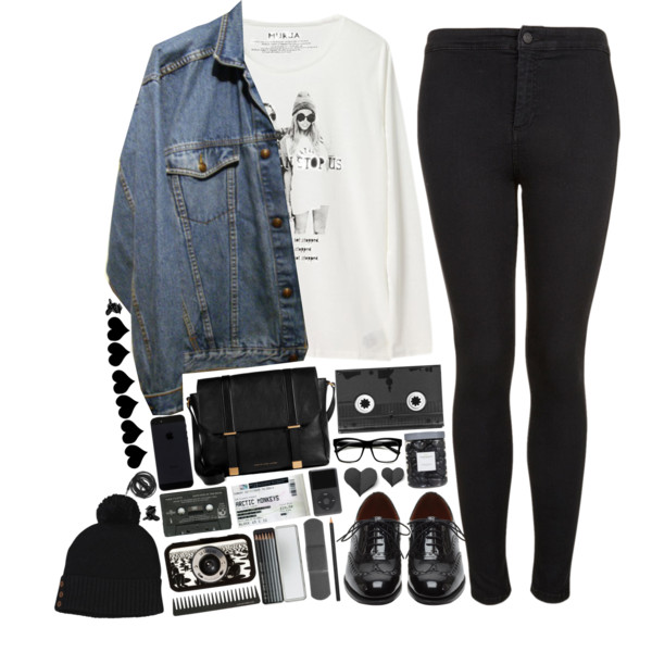 A fashion look from April 2014 featuring vintage denim jacket, black high waisted jeans and patent leather flats. Browse and shop related looks.