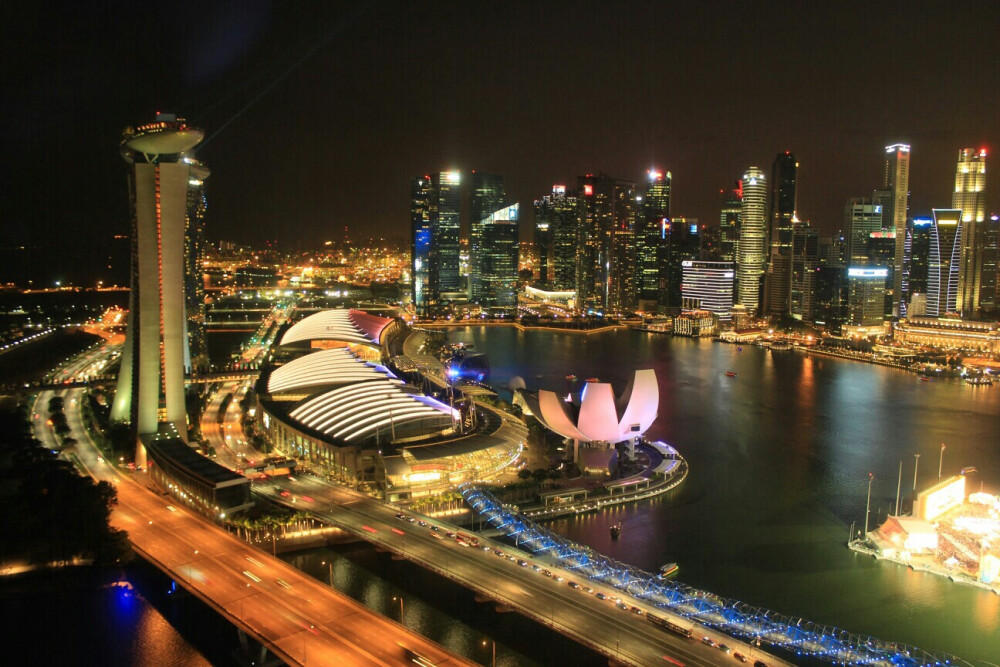 [SINGAPORE FLYER飞行者摩天轮]05 上到上面，一边可以看到gardens by the bay,一边可以看到上面这幅图的景象，新加坡的夜景的确很繁华，有点后悔没带三脚架，当时是整个相机贴在玻璃上拍。听说右下角的那条桥有在我可能不会爱你里面出现过喔