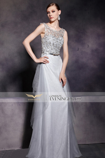 Silver Applique Sleeveless Satin Party Dress 30561