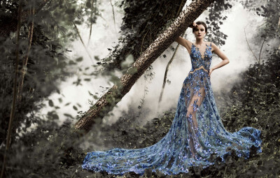 时尚 裙子 婚纱 纱裙 仙群 蕾丝 透视 蓝色 林中仙女 森林 植物 大片 （Paolo Sebastian 2015 Campaign）