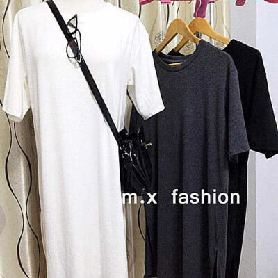 韩版时尚宽松版长款净色侧开T恤。mx fashion新款