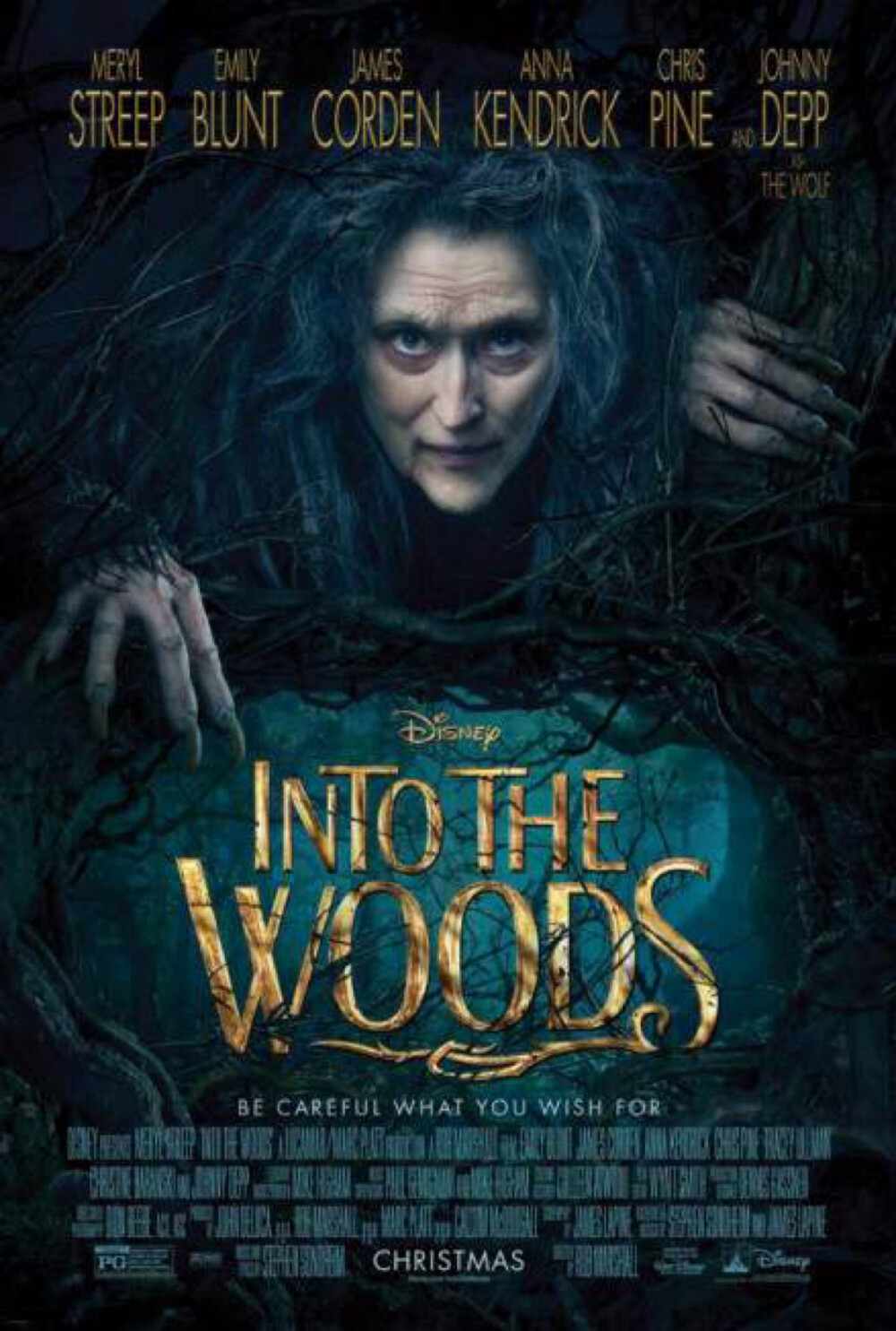 《魔法黑森林》（Into the Woods）是迪士尼电影公司出品的一部奇幻歌舞电影，由罗伯·马歇尔导演，梅丽尔·斯特里普、安娜·肯德里克、艾米莉·布朗特和克里斯·派恩主演，2014年12月25日在美国上映。 影片根据百老汇舞台剧改编，汇集了格林童话中“灰姑娘”、“小红帽”、“长发公主”、“杰克与豆茎”四个脍炙人口的故事与角色，并套上讽刺剧的面纱而组成一个“成人童话故事”。