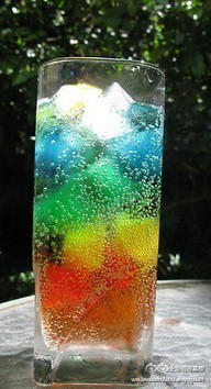 彩虹饮料，先用果汁做成五颜六色的冰，然后再倒入雪碧或喜欢的饮料！
