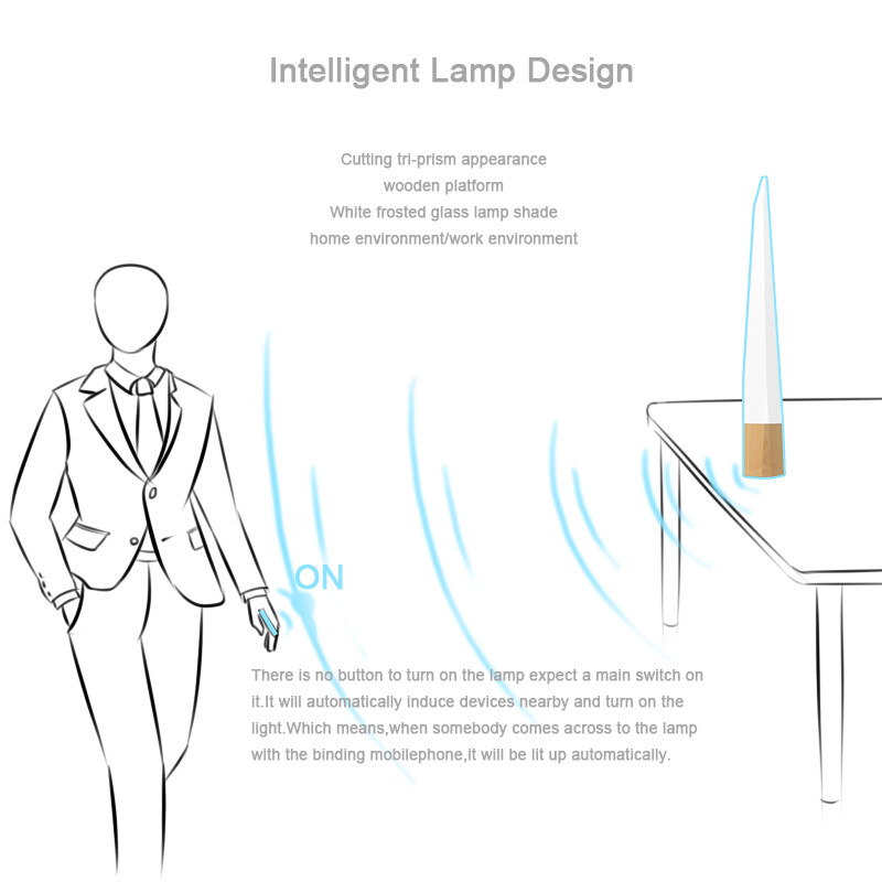 Cutting tri-prism appearance wooden platform White frosted glass lamp shade home environment/work environment There is no button to turn on the lamp expect a main switch on it.It will automatically induce devices nearby and turn on the light. Which means,when somebody comes across to the lamp with t