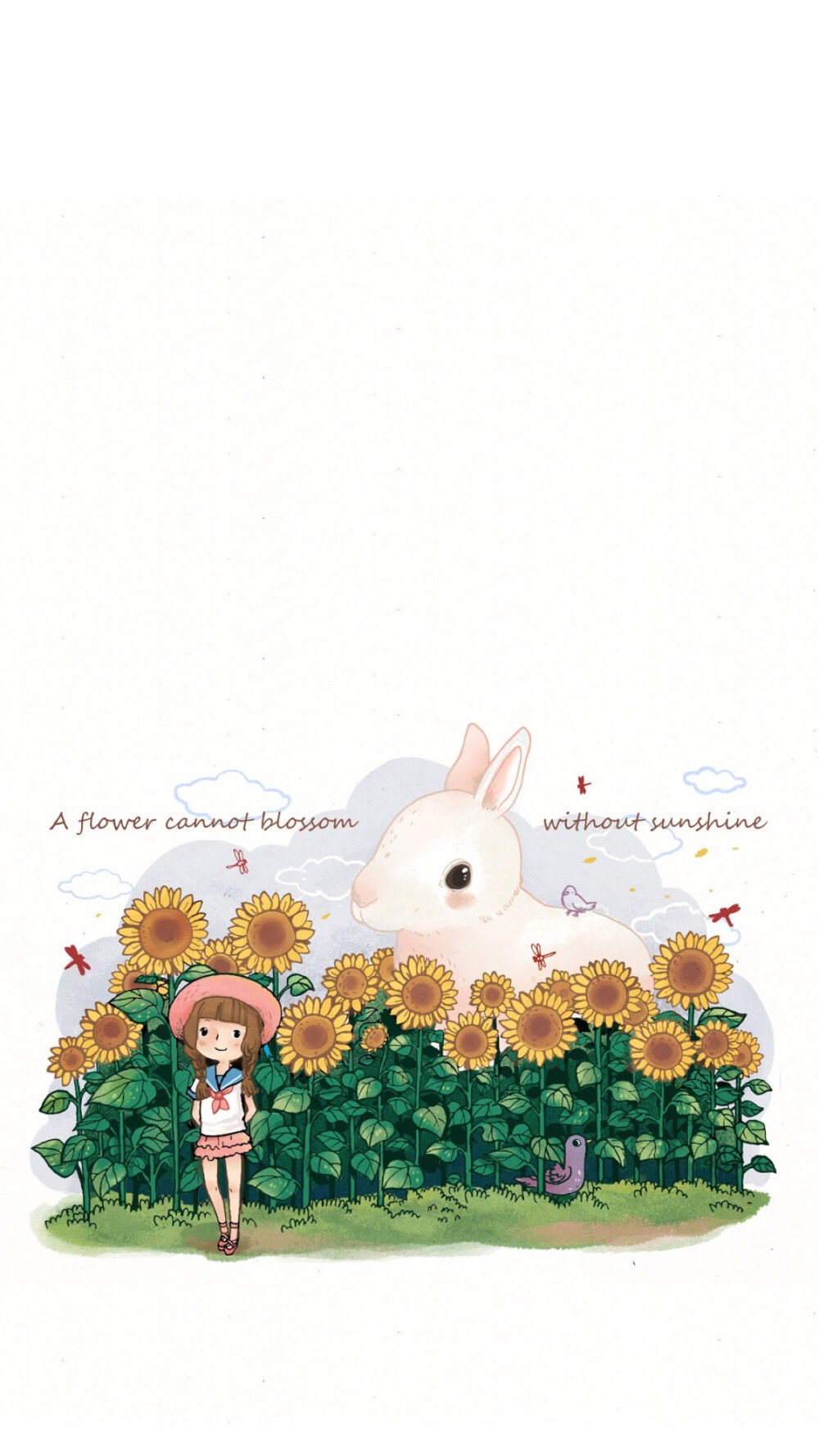 壁纸-手绘卡通-向日葵|女孩|兔子（via 网络）