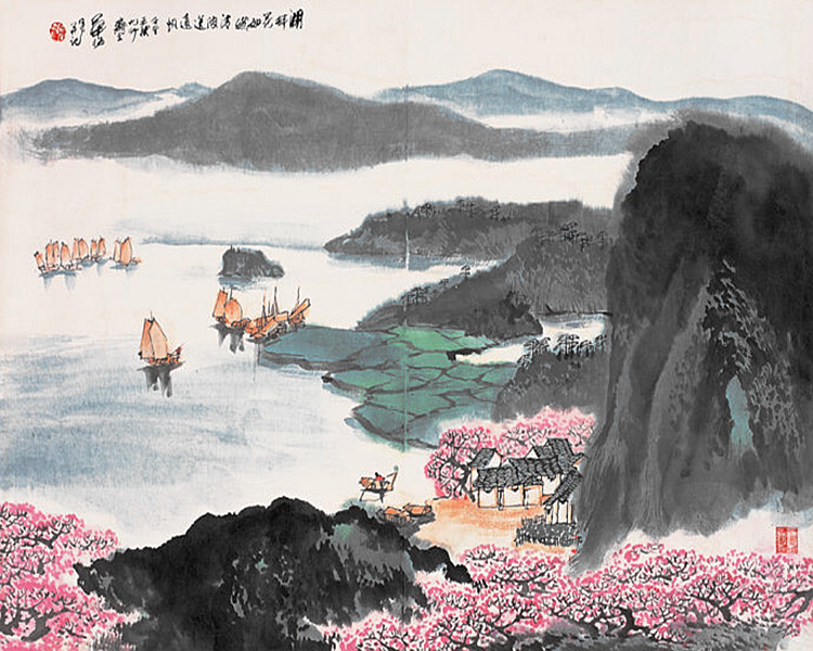 华拓的写意青绿山水。华拓（1940.6—），河北景县人，本姓陈，名鸿彰，斋号九叶斋，曾就读于天津建筑学校。早年从力群学习木刻，得教于黄永玉、王琦、彦涵。1972年起从亚明学习山水画，1974年起长期协助钱松岩、亚明、宋文治为政府部门创作大型作品，现为江苏省国画院二级美术师，山水画研究室副主任；中国美术家协会会员，是“新金陵画派”最具有实力的创新的著名画家。