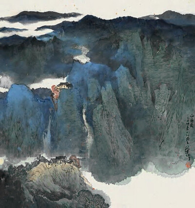 华拓的写意青绿山水。华拓（1940.6—），河北景县人，本姓陈，名鸿彰，斋号九叶斋，曾就读于天津建筑学校。早年从力群学习木刻，得教于黄永玉、王琦、彦涵。1972年起从亚明学习山水画，1974年起长期协助钱松岩、亚明…