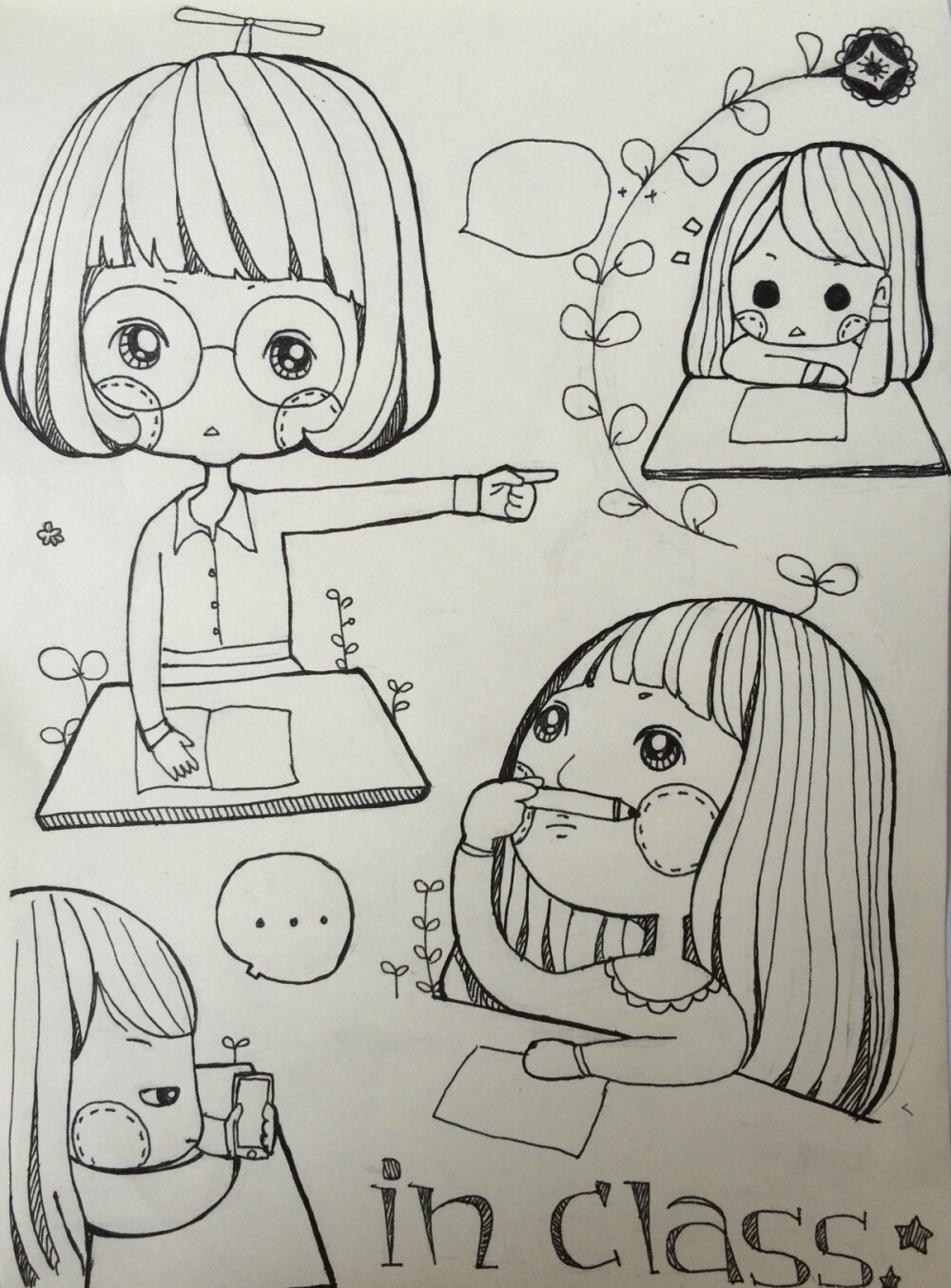 —你会不会也喜欢在上课时走神画画。 —会。还有玩手机。