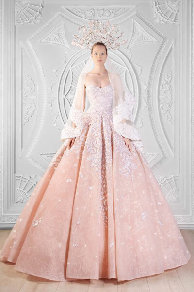 rami kadi spring 2014 couture collection hand embroidered sweetheart neckline strapless peach lace tulle ball gown婚纱 礼服 裙子 时尚 摄影