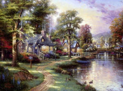 温馨田园风景油画.出自-Thomas Kinkade.通过他的画笔，对美丽的大自然风光诠释另一种属于家乡的情怀，因而对异乡也产生了一种认同的情愫.