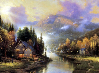 温馨田园风景油画.出自-Thomas Kinkade.通过他的画笔，对美丽的大自然风光诠释另一种属于家乡的情怀，因而对异乡也产生了一种认同的情愫.