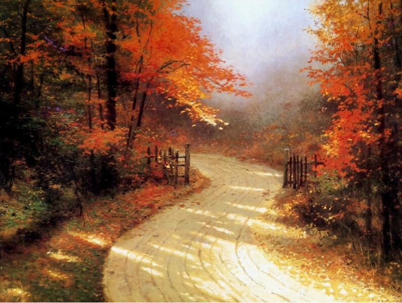 温馨田园风景油画.出自-Thomas Kinkade.通过他的画笔，对美丽的大自然风光诠释另一种属于家乡的情怀，因而对异乡也产生了一种认同的情愫.