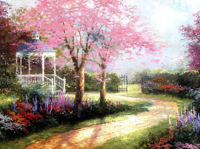 温馨田园风景油画.出自-Thomas Kinkade.通过他的画笔，对美丽的大自然风光诠释另一种属于家乡的情怀，因而对异乡也产生了一种认同的情愫.