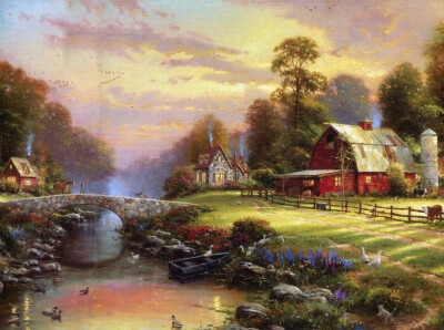 温馨田园风景油画.出自-Thomas Kinkade.通过他的画笔，对美丽的大自然风光诠释另一种属于家乡的情怀，因而对异乡也产生了一种认同的情愫.