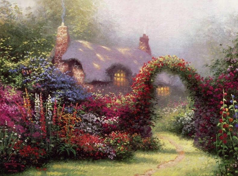 温馨田园风景油画.出自-Thomas Kinkade.通过他的画笔，对美丽的大自然风光诠释另一种属于家乡的情怀，因而对异乡也产生了一种认同的情愫.