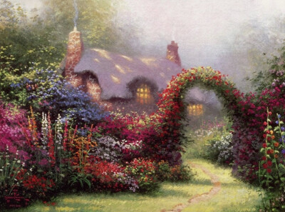 温馨田园风景油画.出自-Thomas Kinkade.通过他的画笔，对美丽的大自然风光诠释另一种属于家乡的情怀，因而对异乡也产生了一种认同的情愫.