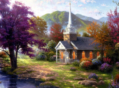 温馨田园风景油画.出自-Thomas Kinkade.通过他的画笔，对美丽的大自然风光诠释另一种属于家乡的情怀，因而对异乡也产生了一种认同的情愫.