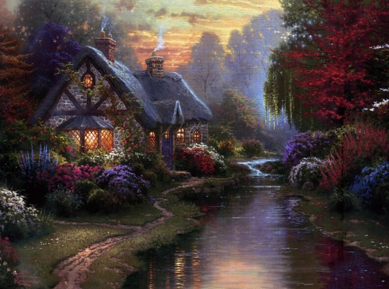 温馨田园风景油画.出自-Thomas Kinkade.通过他的画笔，对美丽的大自然风光诠释另一种属于家乡的情怀，因而对异乡也产生了一种认同的情愫.