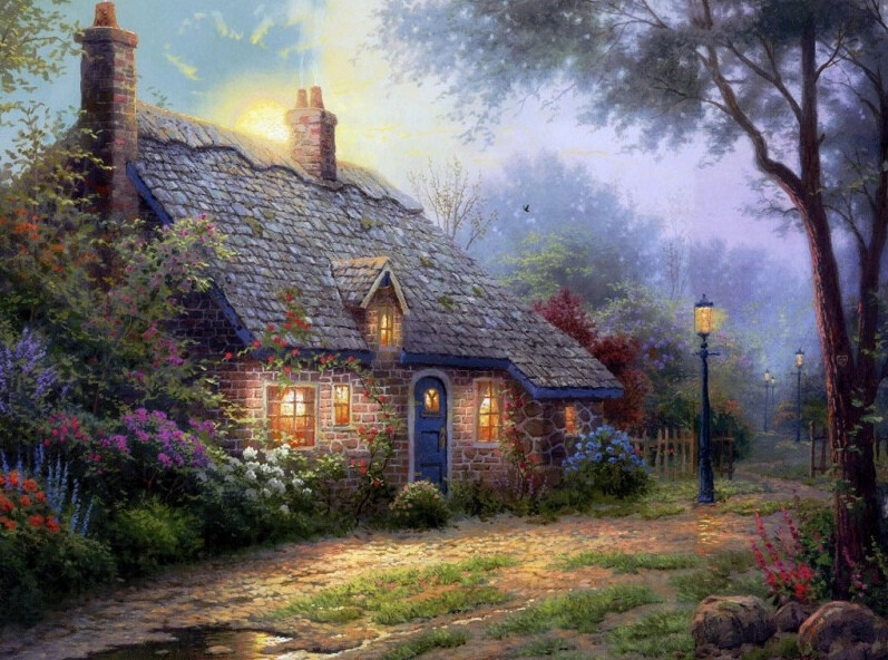 温馨田园风景油画.出自-Thomas Kinkade.通过他的画笔，对美丽的大自然风光诠释另一种属于家乡的情怀，因而对异乡也产生了一种认同的情愫.