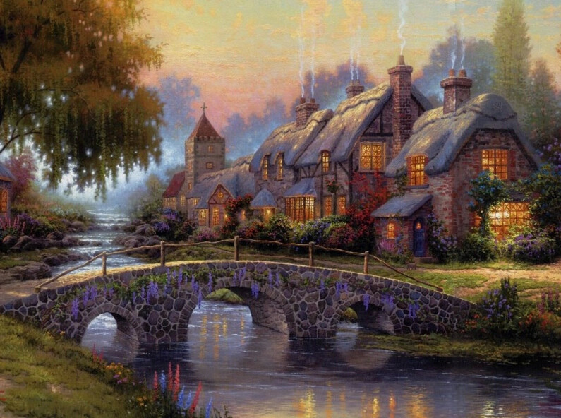 温馨田园风景油画.出自-Thomas Kinkade.通过他的画笔，对美丽的大自然风光诠释另一种属于家乡的情怀，因而对异乡也产生了一种认同的情愫.